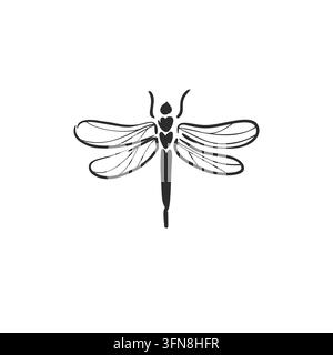 Illustrazione vettoriale di arte lineare di libellula disegnata a mano, insetto bianco e nero con ali delicate per tatuaggio, stampa alla moda boho, logo, natura, spirituale Illustrazione Vettoriale