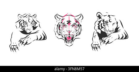Set di flash tatuaggio Tigre Bianco con Luna Crescente, stile giapponese mistico gatti selvatici, collezione vettoriale arte lineare tigre nera e rosa Illustrazione Vettoriale