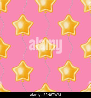 Acquerello luminoso motivo senza cuciture con palloncini a forma di stella dorata. Sfondo delle feste disegnato a mano per compleanno, inviti a feste, design per bambini, Foto Stock