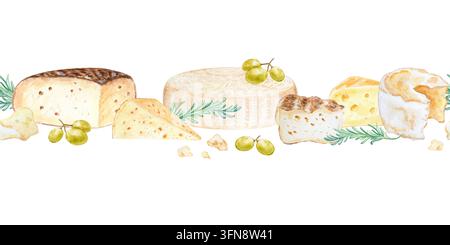 Formaggio artigianale bordo senza soluzione di continuità motivo orizzontale con uva, camembert, gouda e rosmarino. Illustrazione acquerellata disegnata a mano isolata su. Realisti Foto Stock