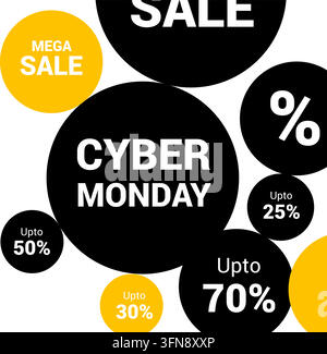 Set di banner vettoriali per la vendita del Cyber Monday con mega sconti, cerchi promozionali e offerte speciali. Illustrazione Vettoriale