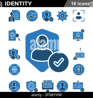 Set di icone vettoriali blu identità con sicurezza personale, privacy dei dati e verifica digitale. Illustrazione Vettoriale