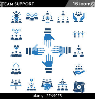 Set di icone vettoriali blu di supporto al team con leadership, partnership, gerarchia aziendale, servizio clienti e rete collaborativa. Illustrazione Vettoriale