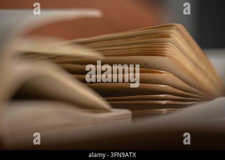 Vista ravvicinata di un vecchio libro aperto, che mostra le sue pagine ingiallite e ruvide e la rilegatura. Concetto di letteratura e conoscenza Foto Stock