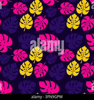 Motivo tropicale colorato con foglie di Monstera deliciosa stilizzate in colori rosa acceso, giallo e viola scuro Illustrazione Vettoriale