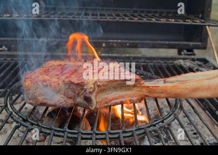 Una spessa bistecca premium di tomahawk si arrostisce su fiamme libere e carbone ardente su una griglia da esterno con fumo che si alza. Foto Stock