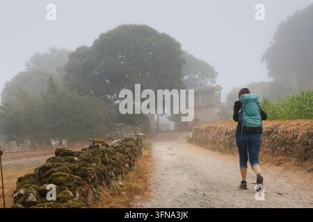 Un pellegrino solitario con uno zaino cammina lungo un sentiero rurale nebbioso, caratterizzato da un vecchio muro di pietra coperto di muschio e dall'architettura tradizionale galiziana, il Foto Stock