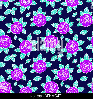 Splendido vettore con motivo a rose disegnato a mano senza cuciture. Splendido sfondo floreale in stile piatto viola e menta turchese su uno sfondo blu navy scuro. Perfetto per tessuti e carte da imballaggio alla moda. Illustrazione Vettoriale
