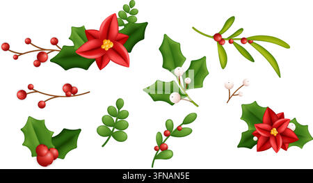 Set di elementi decorativi floreali natalizi realistici in 3D con fiori di poinsettia rossi, foglie di agrifoglio verdi, bacche invernali e vischio Illustrazione Vettoriale