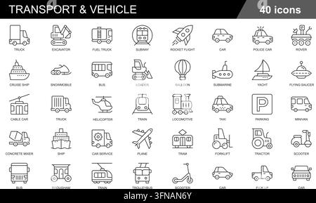 Set di 40 icone lineari di trasporti e veicoli con camion, auto, aerei, navi, treni e vari veicoli pubblici e industriali Illustrazione Vettoriale