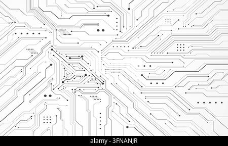 Modello astratto di circuito stampato con tracce di microchip, connessioni elettroniche e linee di griglia tecnologiche. Illustrazione Vettoriale