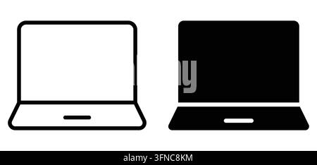 Questa immagine mostra un'icona di laptop a contorno minimalista insieme a una versione solida. Ideale per progetti di design grafico e media digitali, questa clipart Illustrazione Vettoriale