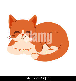 Illustrazione vettoriale di un gatto zenzero addormentato e accogliente in un grazioso stile scandinavo piatto. Ideale per design autunnali, temi hygge, biglietti di auguri, adesivi e Illustrazione Vettoriale