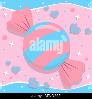 Dolce caramella avvolta in strisce celesti e rosa circondata da cuori, stelle e punti coordinati su uno sfondo decorativo morbido pastello rosa e blu Illustrazione Vettoriale