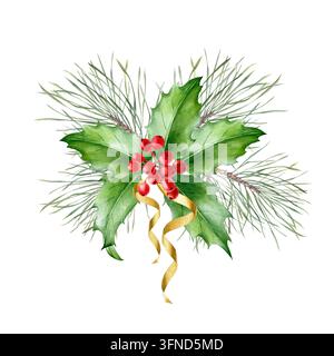 Piante di agrifoglio natalizio con bacche rosse, foglie verdi, rami di abete. Illustrazione isolata ad acquerello. Composizione per auguri di Capodanno Foto Stock