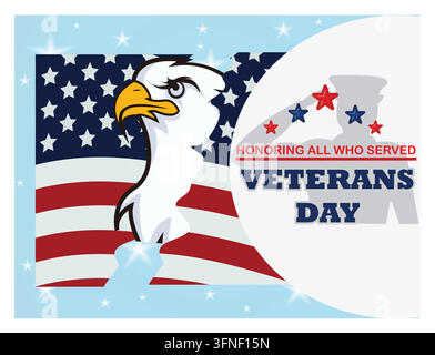 Celebrazione del Veterans Day, rappresentazione di un aquila dalla testa bianca ed elementi della bandiera americana, che simboleggiano l'onore per il servizio militare e il patriottismo. Stile vettoriale piatto Illustrazione Vettoriale