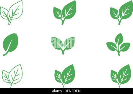Set di icone di foglie e piante in varianti di colore verde con stili grafici a contorno e pieni per applicazioni di design natura ed ecologia Illustrazione Vettoriale