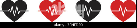 Set di icone a forma di cuore e polso nelle varianti di colore nero e rosso con simboli di linea di battito cardiaco da elettrocardiogramma per il design sanitario e medico Illustrazione Vettoriale