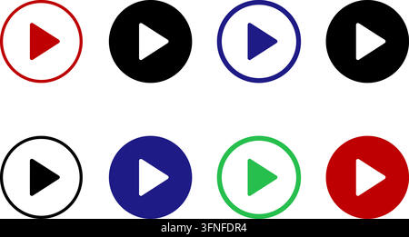 Set di icone di pulsante di riproduzione e lettore video in varianti di colore rosso, nero, blu e verde con stili grafici solidi e outline per interfacce multimediali Illustrazione Vettoriale