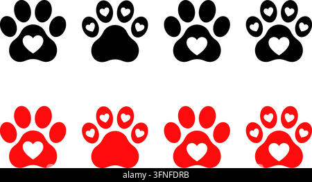 Set di icone di impronte di zampe di animali con forme a cuore in varianti di colore nero e rosso per applicazioni di design grafico in cliniche veterinarie e cura degli animali domestici Illustrazione Vettoriale