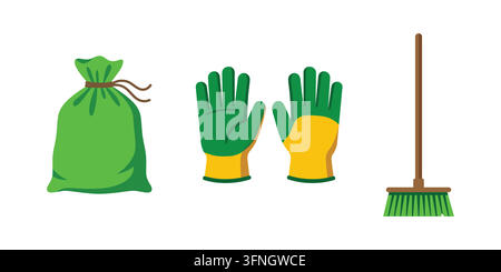Set di attrezzi essenziali per la pulizia e il giardinaggio: sacco verde, guanti e illustrazione di scopa su sfondo bianco isolato Illustrazione Vettoriale