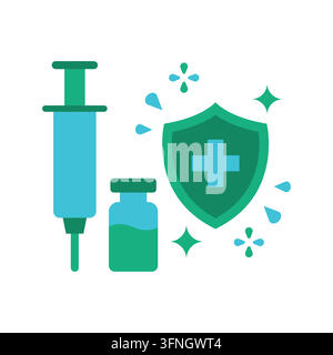 Illustrazione vettoriale di vaccinazione medica e protezione immunitaria con siringa, fiala e scudo su sfondo bianco isolato Illustrazione Vettoriale