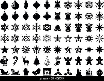 Collezione di icone glifi natalizie con Babbo Natale, pupazzo di neve e omino di pan di zenzero Illustrazione Vettoriale