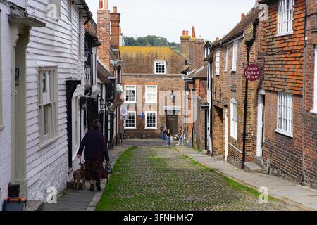 Una donna che porta a spasso un cane sui ciottoli vicino a Lamb House a Rye, in Inghilterra. Foto Stock