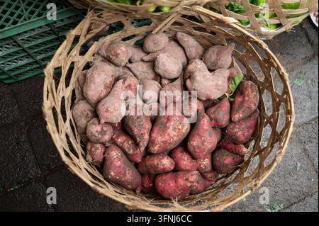 Patate dolci appena raccolte coperte di terra riempiono un cesto di bambù intrecciato in un mercato tradizionale, viste dall'alto con cassette di prodotti verdi nelle vicinanze Foto Stock