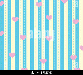 Cuori rosa pastello su uno schema a righe blu senza cuciture. Uno schema senza cuciture carino con cuori rosa morbidi sparsi su un fondo blu pastello e crema verticale Illustrazione Vettoriale
