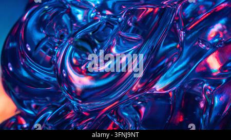Sfondo astratto vivace di forme di vetro liquido lucido con riflessi fluenti blu, ciano e rosa, che creano una texture neon futuristica con luci luminose Foto Stock