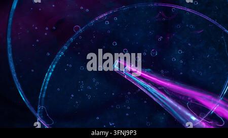 Pipetta da laboratorio al neon luminosa posata in una capsula di Petri con goccioline di liquido, creando uno sfondo scientifico astratto blu e magenta per biotechno Foto Stock