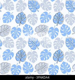 Illustrazione botanica con foglie di monstera schizzate in sfumature di blu e grigio disposte in un motivo ripetitivo senza cuciture Illustrazione Vettoriale