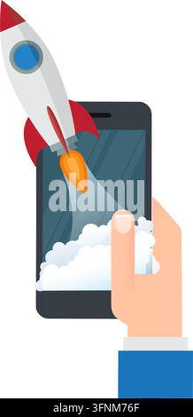 Mano che tiene un telefono con una startup di razzi che decolla per il lancio di una nuova illustrazione azionaria aziendale Illustrazione Vettoriale
