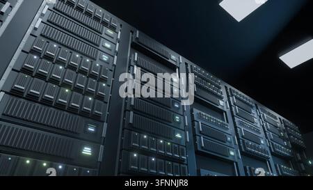 Centro di archiviazione dati digitale su server, rack di computer cloud in sfondo, rendering 3D Foto Stock