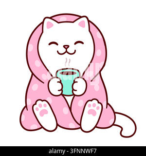 Gatto carino dei cartoni animati con coperta e tazza di tè caldo. Gatto bianco kawaii seduto caldo e accogliente. Illustrazione vettoriale isolata. Illustrazione Vettoriale