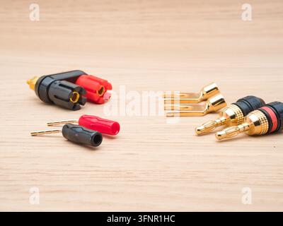 Connettori audio e terminali per altoparlanti – Un primo piano di vari connettori audio, inclusi spine a banana, connettori a paletta e terminali per altoparlanti Foto Stock