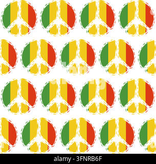 Modello senza cuciture con bandiera rasta e silhouette del simbolo della pace. Sfondo vettoriale colorato. Illustrazione Vettoriale