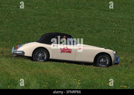 Auto classica in azione durante la prova speciale al Rechberg nell'ambito della Suedsteiermark Classic, che si è svolta il 24 aprile 2026 nella Stiria, Austria. L'immagine mostra Axel Gebauer, Andreas Hornyik (Jaguar XK 150 DHC) anno di costruzione 1960. Foto Stock