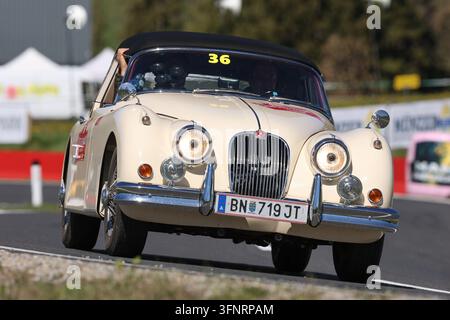 Auto classica in azione durante la prova speciale al Rechberg nell'ambito della Suedsteiermark Classic, che si è svolta il 24 aprile 2026 nella Stiria, Austria. L'immagine mostra Axel Gebauer, Andreas Hornyik (Jaguar XK 150 DHC) anno di costruzione 1960. Foto Stock