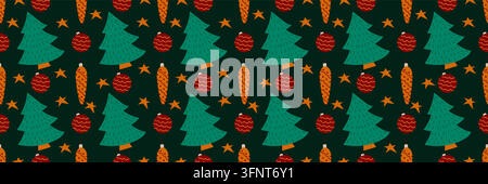 Motivo lungo natalizio in stile disegnato a mano. Alberi di Natale, decorazioni natalizie. Stampa per design, tessile Illustrazione Vettoriale