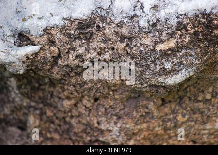Macro di una superficie in pietra naturale consumata con texture antica e ruvida Foto Stock