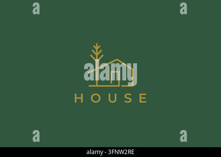 Logo Casa e Albero Minimalista con Arte di Linee Geometriche Illustrazione Vettoriale