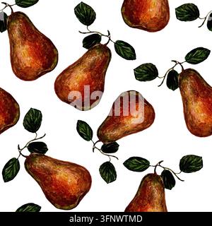 Motivo botanico ad acquerello con pattern naturale di pere e foglie. Per il tuo design Foto Stock
