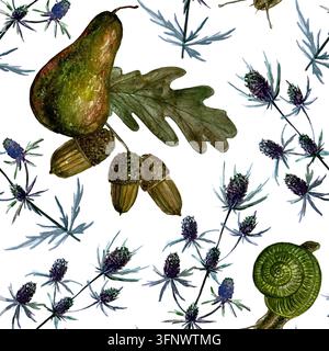 Motivo botanico ad acquerello di pere, lumache e fiori secchi. Per il tuo design Foto Stock