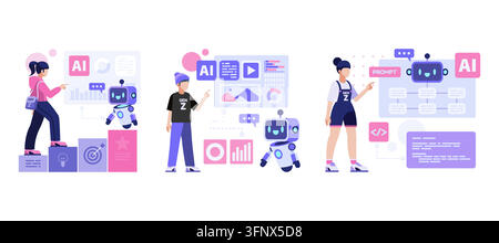 Gen Z che lavora con tecnologia IA, dashboard digitale e assistente robotico Illustrazione Vettoriale