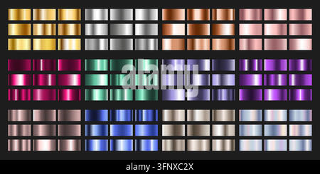 Griglia di campioni di sfumature metalliche nei toni dell'oro, argento, bronzo, oro rosa, rosso, verde, viola, blu e beige. Texture lucide e riflettenti perfette Illustrazione Vettoriale