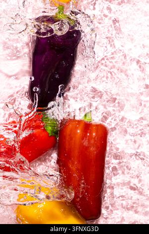 Peperoni freschi rossi, gialli e viola che galleggiano in acqua pulita, scatto verticale Foto Stock