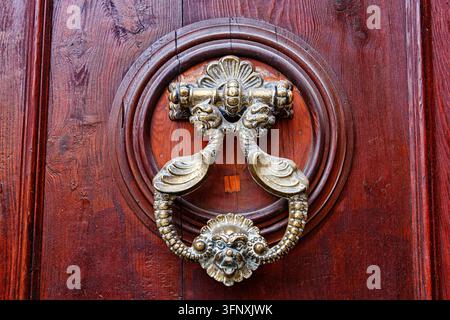Spagna, Valencia, marzo 2024: Battitacco porta in ottone decorato con testa di leone su una porta di legno Foto Stock