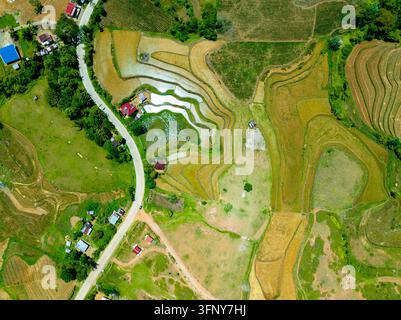 Veduta aerea del paesaggio agricolo con terreno agricolo in campagna. Negros, Filippine Foto Stock